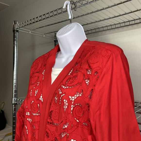 Vintage Cache Y2K Red Eyelet Long Duster Cardigan Est, Size M/L Statement Glam - Picture 10 of 11